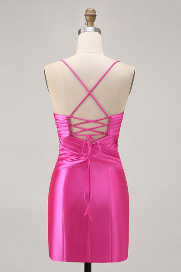 Fuchsia Cut Out Pleated Tight Cocktail Dress with Bow